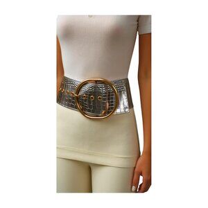 Women Wide Band Metallic Silver Chrome Fashion Belt Gold Oval Metal Buckle S / M